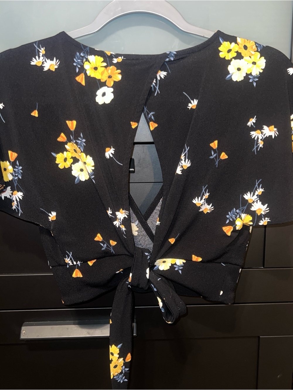 H&M Black Floral Tie-Front Blouse with Yellow & White Flowers